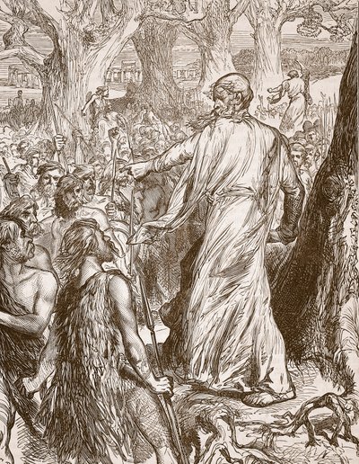 Druidas incitando a los britanos a oponerse al desembarco de los romanos, ilustración de Cassells Illustrated History of England de English School