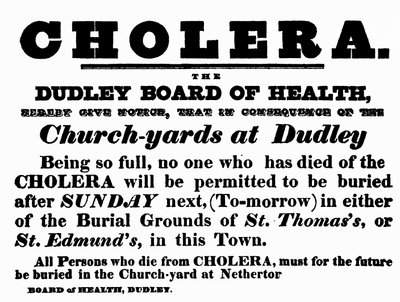 Cartel de la Junta de Salud de Dudley anunciando el procedimiento de entierro para personas que han muerto de cólera, c.1840 de English School