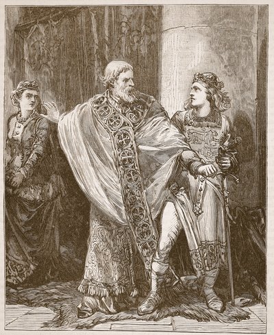 Dunstan arrastrando a Edwy de la presencia de Elgiva, ilustración de Cassells Illustrated History of England de English School