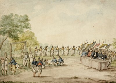 Juez holandés y gobernantes javaneses presenciando la ejecución y mutilación de criminales, Java de English School