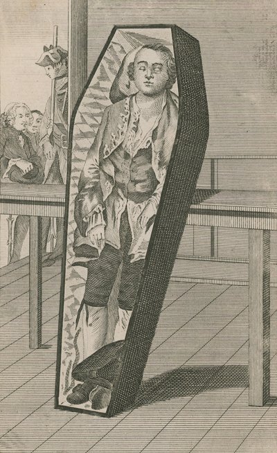 Earl Ferrers como yacía en su ataúd en Surgeons Hall de English School