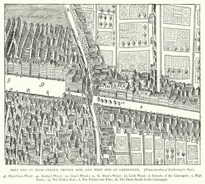 Extremo Este de High Street, Nether Bow, y Extremo Oeste de Canongate (grabado) de English School