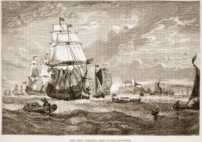 Barcos de la Compañía de las Indias Orientales saliendo de Woolwich, ilustración de Cassells Illustrated History of India de James Grant, pub. 1879 de English School