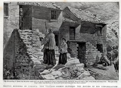 Mañana de Pascua en Córcega, el sacerdote del pueblo bendiciendo las casas de su parroquia - Ilustración para The Graphic de English School
