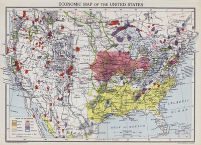 Mapa económico de Estados Unidos (litografía en color) de English School
