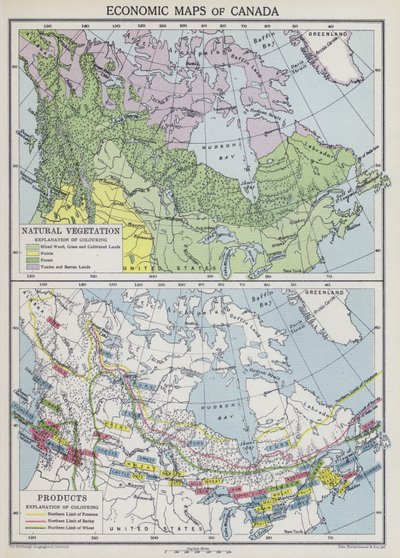 Mapas económicos de Canadá (litografía en color) de English School