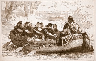 Edgar el Pacífico siendo remado por el río Dee por ocho príncipes tributarios, ilustración de Cassells Illustrated History of England de English School