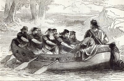 Edgar el Pacífico siendo remado por el río Dee por ocho príncipes tributarios, ilustración de 