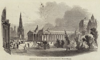 Edimburgo, Institución Real y Monumento a Scott (grabado) de English School