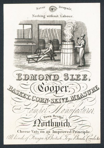 Edmond Slee, fabricante de barriles, cestas, tamices de maíz, medidas y cestas de mimbre, tarjeta comercial de English School