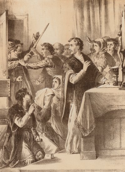 Edmund Genings, "Rompió la puerta de la cámara donde estaba celebrando" (litografía) de English School