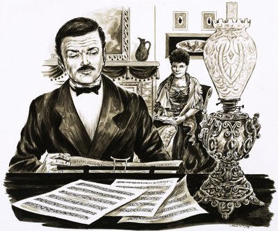 Edward Elgar trabajando en su sala de estar de English School