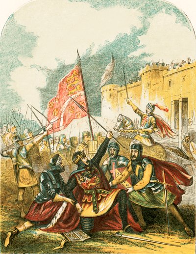 Eduardo I blandiendo la jabalina y jurando que colgará al hombre que la lanzó de English School