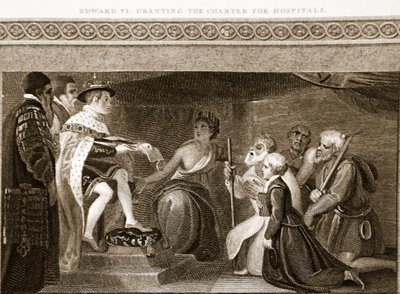 Eduardo VI otorgando la carta para hospitales, ilustración de La Historia de Inglaterra de David Hume, pub. por R. Bowyer, Londres, 1812 de English School