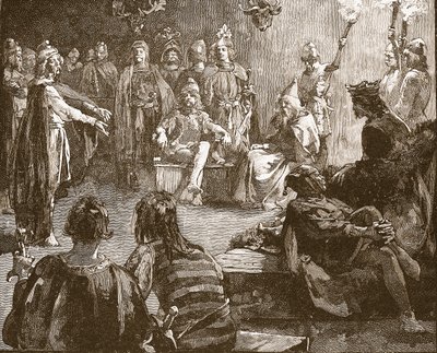 Edwin de Northumbria y misioneros cristianos, ilustración de Cassells Illustrated History of England de English School
