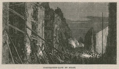 Efectos de la explosión en Clerkenwell: Corporation Lane de noche de English School