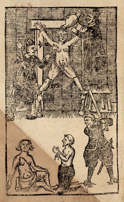 Eg 1475 f.1 Colonos holandeses en Amboyna torturan a un mercader inglés antes de la masacre de 1623 que puso fin al comercio británico en las Indias Orientales (xilografía) de English School