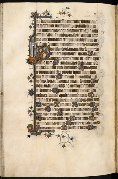 Egerton MS 3277, f.131v, dama de Bohun en oración, con león y castillo marginales, del 
