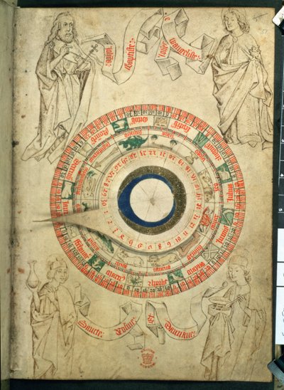 Egerton Ms 2575 fol.51 El volvelle del barbero-cirujano, finales del siglo XV (vitela) de English School
