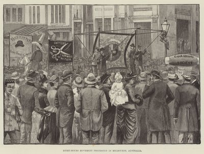 Procesión del Movimiento de Ocho Horas en Melbourne, Australia (grabado) de English School