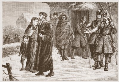 Expulsión de un pastor protestante húngaro en invierno, ilustración de La Historia del Protestantismo de James Aitken Wylie (1808-1890), pub. 1878 de English School