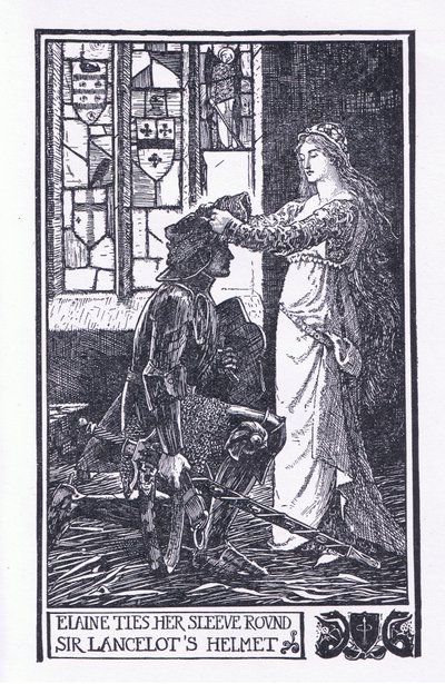 Elaine ata su manga alrededor del casco de Sir Lancelot, ilustración de "The Book of Romance" publicado por Longmans Green and Co. de English School