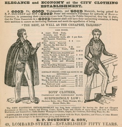 Elegancia y economía en el Establecimiento de Ropa de la Ciudad; E P Doudney & Son, 49 Lombard Street, Londres de English School