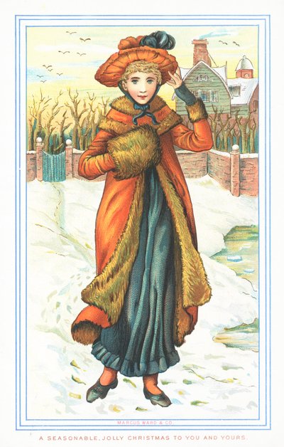 Dama elegante en la nieve, tarjeta de Navidad de English School