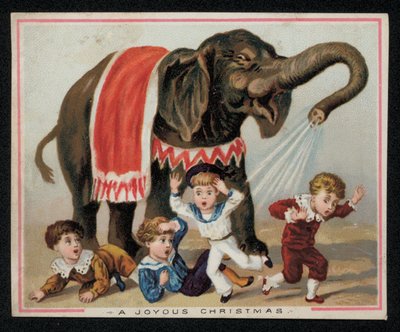 Elefante jugando a rociar a los niños con agua, tarjeta de felicitación de Navidad de English School