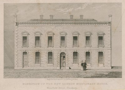 Elevación de la nueva Casa Misionera de Londres, Calle Blomfield, Finsbury de English School