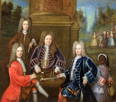 Elihu Yale, el segundo duque de Devonshire, Lord James Cavendish, Mr Tunstal y un paje, c.1708 de English School