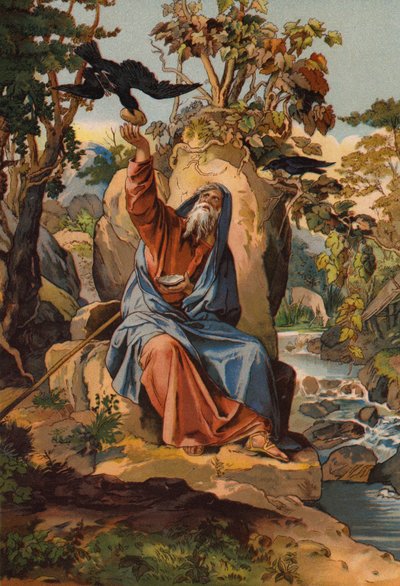 Elijah alimentada por cuervos (cromolito) de English School