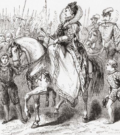Isabel I inspeccionando sus tropas en el Puerto de Tilbury, 1588, de Ward y Locks Historia Ilustrada del Mundo, pub. c.1882 de English School