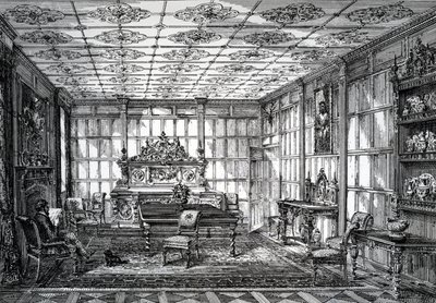 Comedor isabelino, publicado en The House-Furnisher & Decorator, 1 de octubre de 1872 de English School