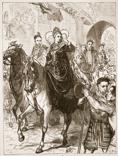 Entrada pública de Isabel en Londres, ilustración de la Historia Ilustrada de Inglaterra de Cassell de English School