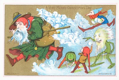 Duendes persiguiendo a Papá Noel, tarjeta de Navidad de English School