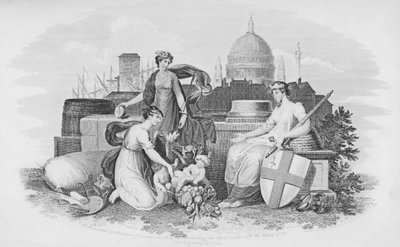 Representación emblemática del Comercio y la Abundancia presentando a la Ciudad de Londres las Riquezas de los Cuatro Cuartos del Mundo de English School