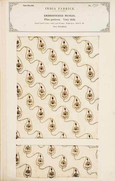 Muestra de muselina bordada de Madrás, de La Colección de los Fabricantes de Textiles de la India, por John Forbes Watson, publicada en 1866 de English School