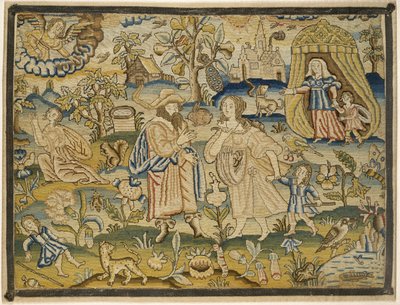 Imagen bordada: Despedida de Agar por Abraham, mediados del siglo XVII de English School