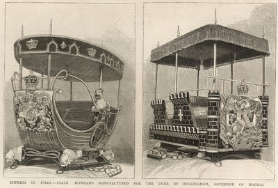 Emperatriz de la India: howdahs estatales fabricados para el Duque de Buckingham, Gobernador de Madrás, de The Graphic, 3 de febrero de 1877 de English School