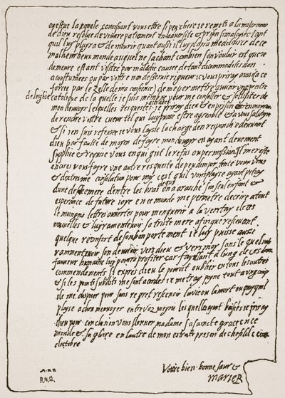 Final de una carta a la Reina Isabel, de María, Reina de Escocia, cuando estaba en prisión, pidiendo tener un capellán católico, ilustración de The Church of England: A History for the People por H.D.M. Spence-Jones de English School