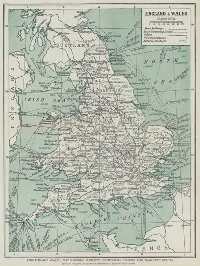 Inglaterra y Gales, Mapa de productos, centros comerciales y vías de transporte (litografía) de English School