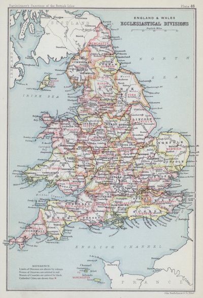 Inglaterra y Gales, divisiones eclesiásticas (litografía en color) de English School
