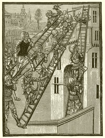 Soldados ingleses escalando una fortaleza en Gascuña, Temp. Eduardo III de English School
