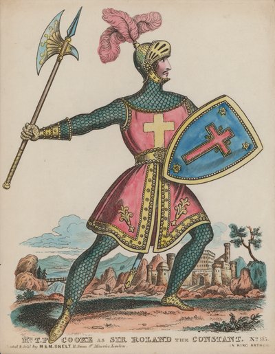 El actor inglés Thomas Potter Cooke como Sir Roland el Constante en King Arthur de English School