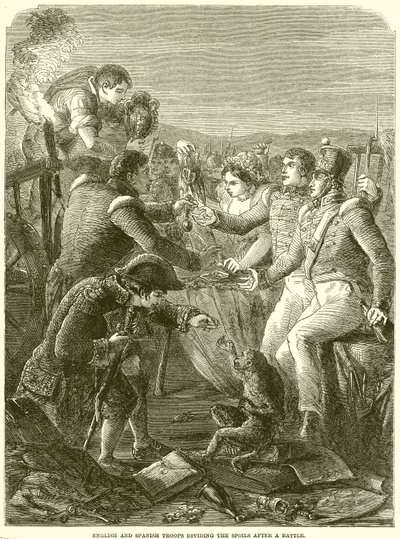 Tropas inglesas y españolas dividiendo el botín después de una batalla de English School