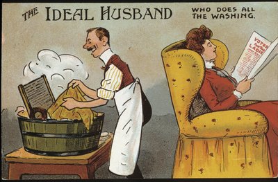 Caricatura inglesa (marido ideal): el marido ideal (que hace toda la colada) - postal, n.d., circa 1920. de English School