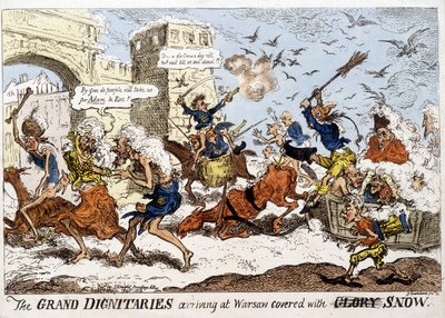 Caricatura inglesa sobre la llegada del ejército napoleónico a Varsovia bajo la nieve tras la retirada rusa en diciembre de 1812. de English School