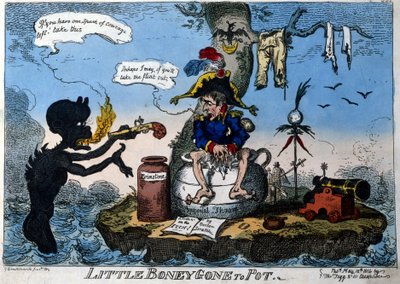 Caricatura inglesa que representa al emperador Napoleón I en el exilio en la isla de Elba: sentado en su nuevo trono en forma de orinal, un demonio le da una pistola si tiene el valor de usarla. Mayo de 1814. de English School