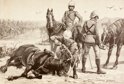 Caballería inglesa abrevando a sus caballos durante la Guerra Mahdista, Sudán, en la década de 1880 (litografía) de English School